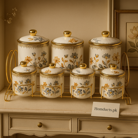 Luxury Floral Ceramic Storage Jar Set with Golden Stand – 15 Pcs | Homducts.pk