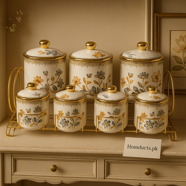Luxury Floral Ceramic Storage Jar Set with Golden Stand – 15 Pcs | Homducts.pk