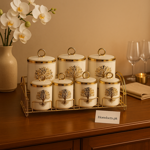 Luxury Golden Tree Ceramic 7-Pcs Kitchen Storage Jar Set with Metal Rack – Premium Airtight Containers | Homducts.pk