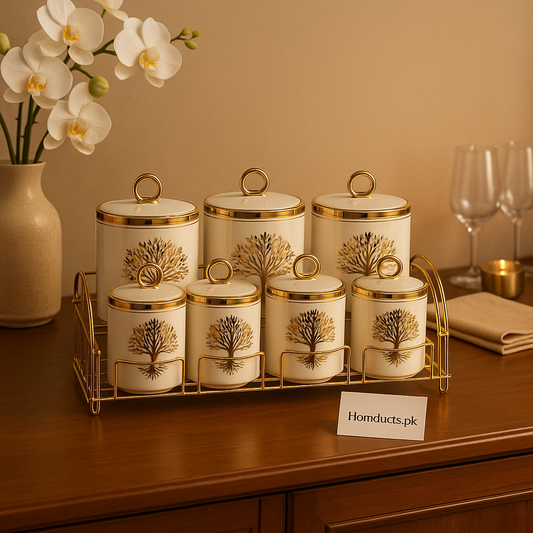 Luxury Golden Tree Ceramic 7-Pcs Kitchen Storage Jar Set with Metal Rack – Premium Airtight Containers | Homducts.pk