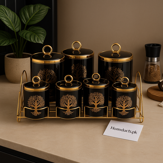 Luxury Black & Gold Ceramic Kitchen Canister Set – 7 Pcs Spice & Storage Jars with Golden Rack | Homducts.pk