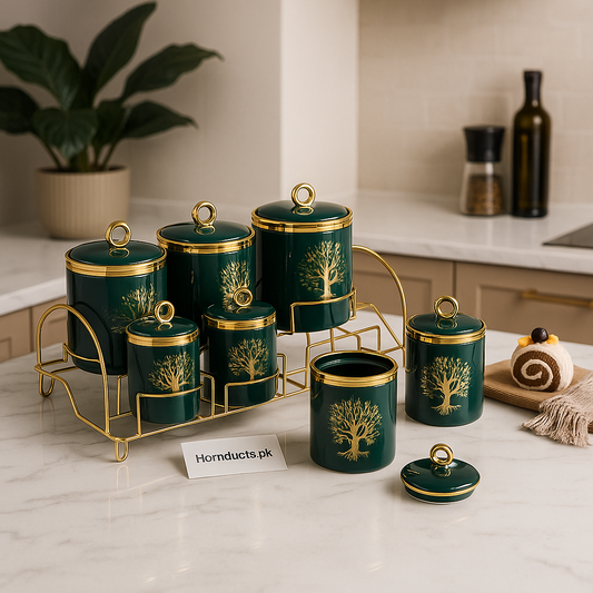 Luxury Emerald Green Ceramic Canister Set with Golden Tree Design – 7-Piece Storage Jars with Metal Rack | Homducts.pk