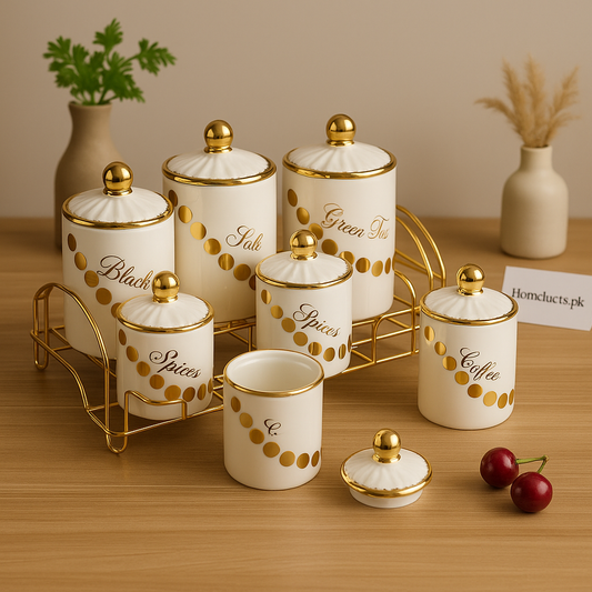 Luxury 8-Piece Ceramic Kitchen Canister Set with Golden Lid & Metal Stand – Spice, Tea, Coffee & Storage Jars