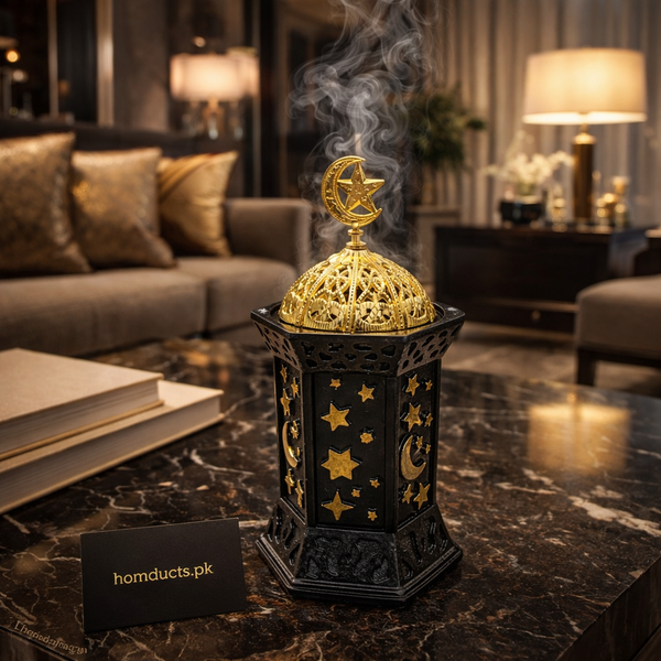 Luxury Ramadan Bakhoor Incense Burner – Premium Metal Islamic Aroma Diffuser with Moon & Star Design