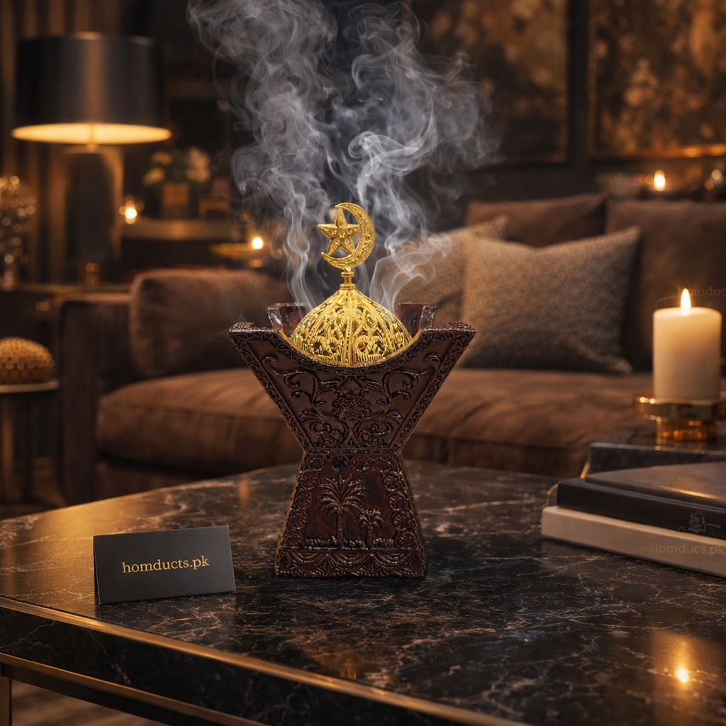 Luxury Crescent Moon Bakhoor Incense Burner – Premium Wooden & Gold Islamic Home Fragrance Holder