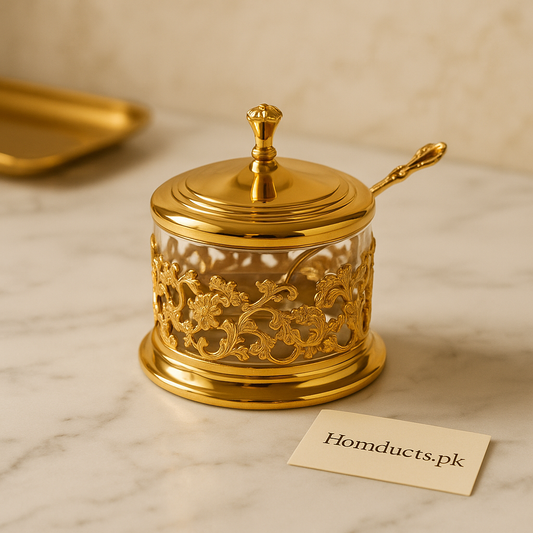 Luxury Golden Crystal Sugar Pot with Spoon – Premium Decorative Sugar Jar for Tea & Coffee