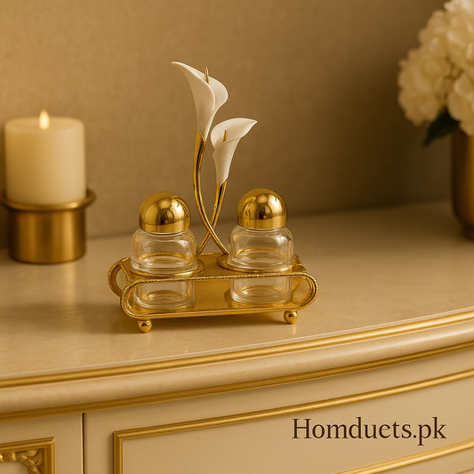 Luxury Golden Calla Lily Spice & Condiment Holder Set – Premium Decorative Salt & Pepper Shakers