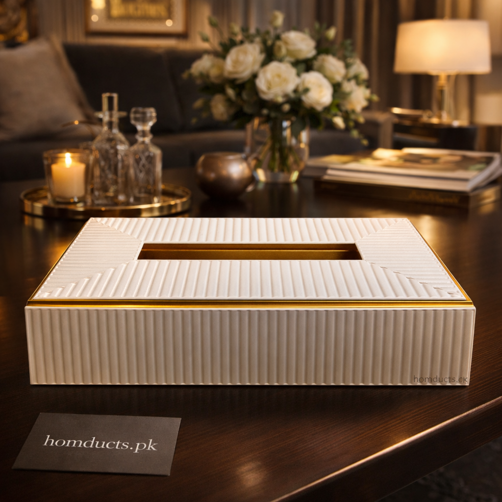 Luxury Ribbed Gold-Trim Tissue Box Cover – Elegant Decorative Tissue Holder