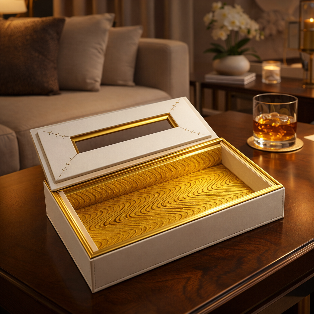 Luxury Ribbed Gold-Trim Tissue Box Cover – Elegant Decorative Tissue Holder