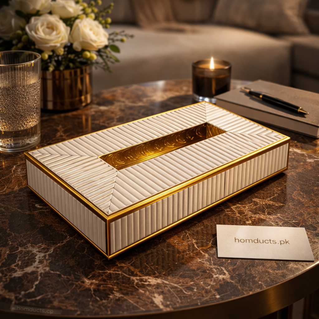 Luxury Ribbed Gold-Trim Tissue Box Cover – Elegant Decorative Tissue Holder