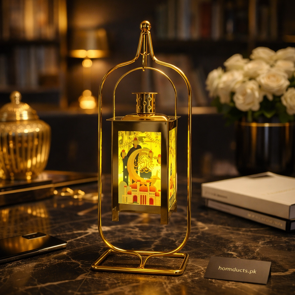 Luxury Islamic LED Hanging Lantern – Golden Ramadan Decor Light with Mosque Design