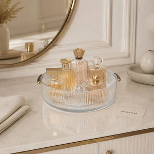 Luxury Rotating Acrylic Perfume Tray with Gold Handles – Round Ribbed Cosmetic Organizer