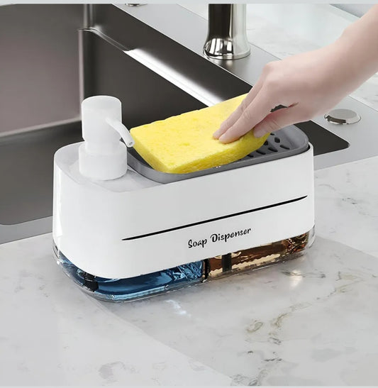 Kitchen Dishwashing Soap Dispenser with Dual Compartments & Sponge Tray