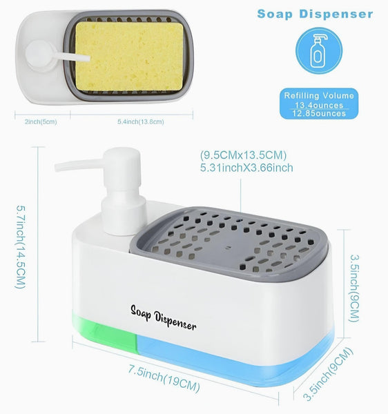 Kitchen Dishwashing Soap Dispenser with Dual Compartments & Sponge Tray