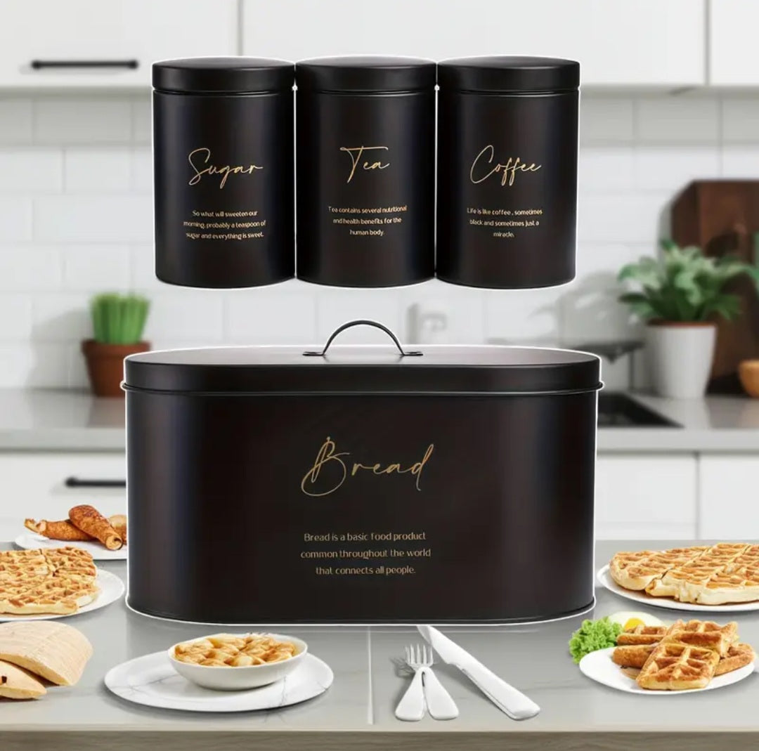 Luxury Matte Black Tea Coffee Sugar Bread Storage Canister Set – Modern Kitchen Organizer