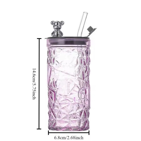 Luxury Crystal Glass Tumbler with Bear Lid & Straw – 1 Pc