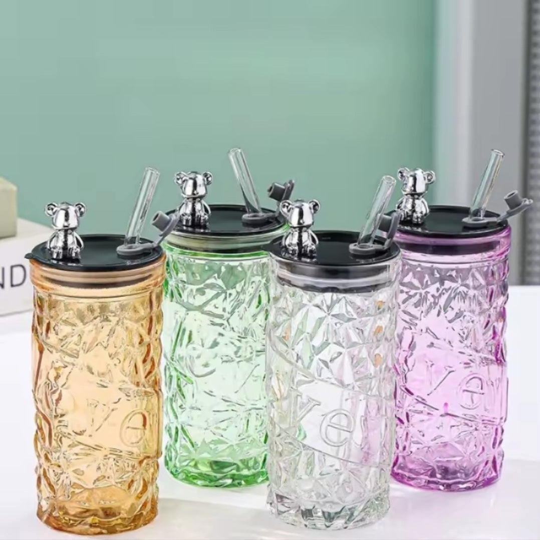 Luxury Crystal Glass Tumbler with Bear Lid & Straw – 1 Pc