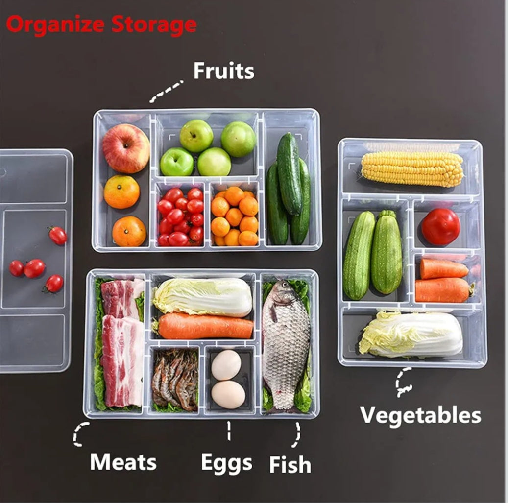 Premium 5-Compartment Food Storage Organizer Box with Lid – Multi-Section Kitchen, Fruit & Snack Organizer
