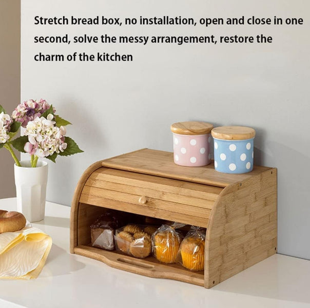 Premium Roll-Top Wooden Bread Box – Kitchen Counter Bread Storage Container