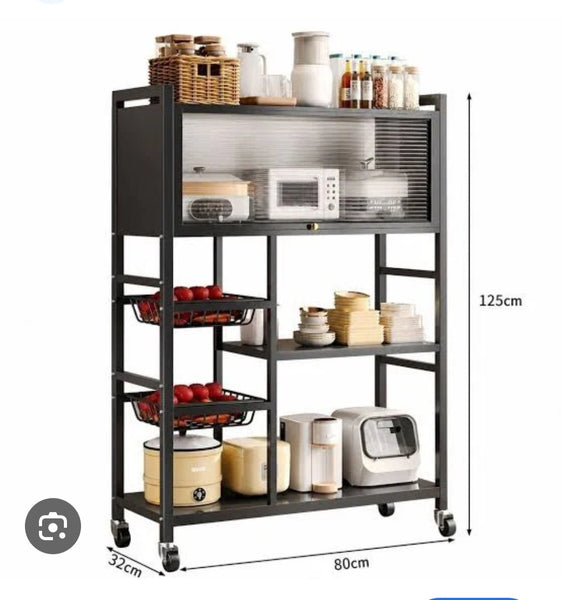 Multi-Functional Kitchen Storage Rack with Wheels – Metal Microwave, Dish & Vegetable Organizer Stand