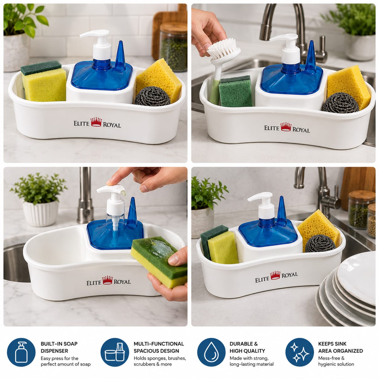 Elite Royal Multifunctional Kitchen Sink Organizer with Built-In Soap Dispenser & Sponge Holder