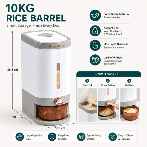 10KG Automatic Rice Dispenser with Measuring Cup – Airtight Food-Grade Kitchen Storage Container