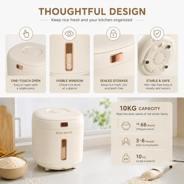 Premium 10KG Airtight Rice Storage Dispenser with Viewing Window – Moisture-Proof Grain Container