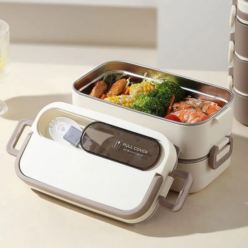 2-Tier Insulated Lunch Box with Stainless-Steel Compartment Tray & Cutlery Storage