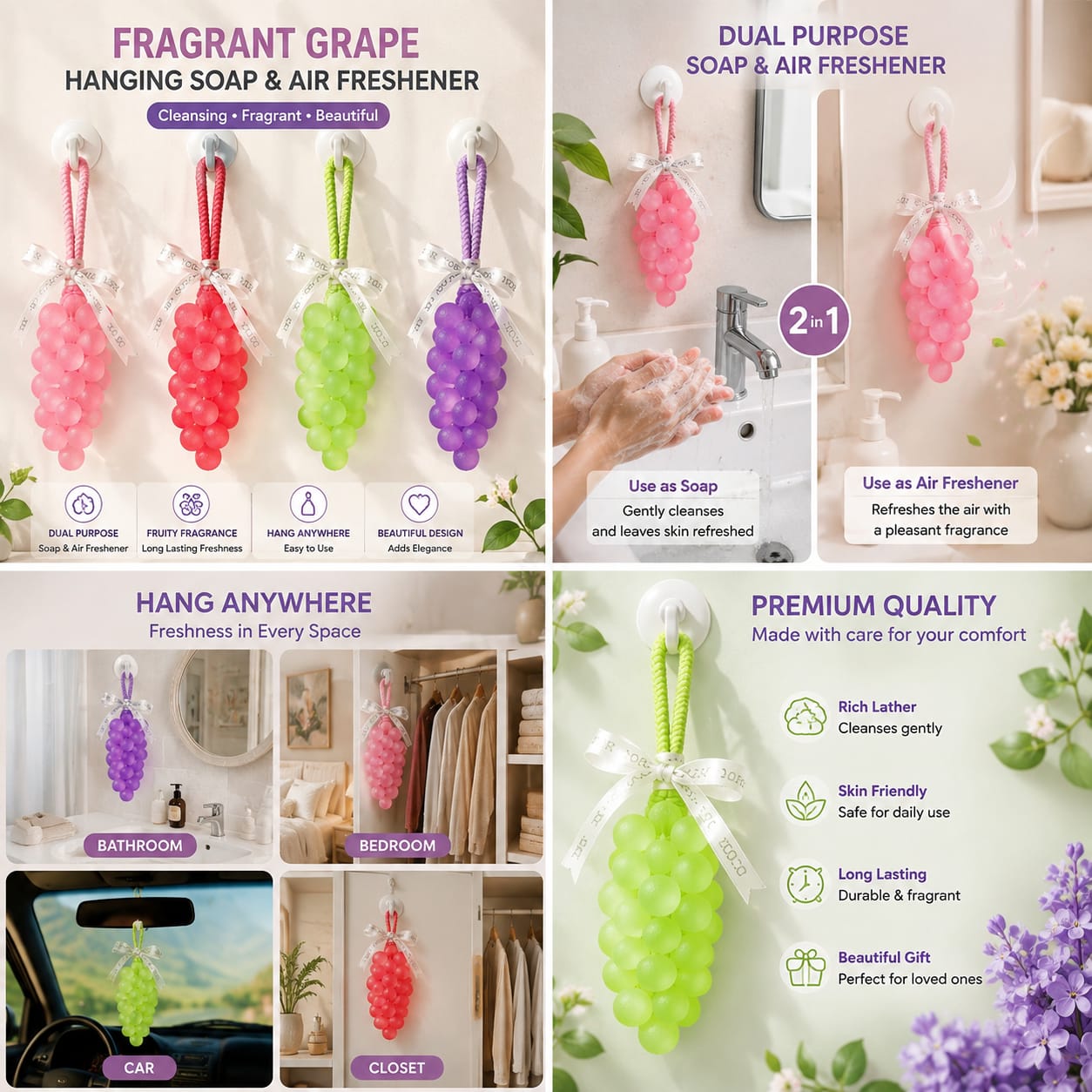 Fragrant Grape Hanging Soap & Air Freshener – Dual-Purpose Bathroom, Closet & Car Freshener