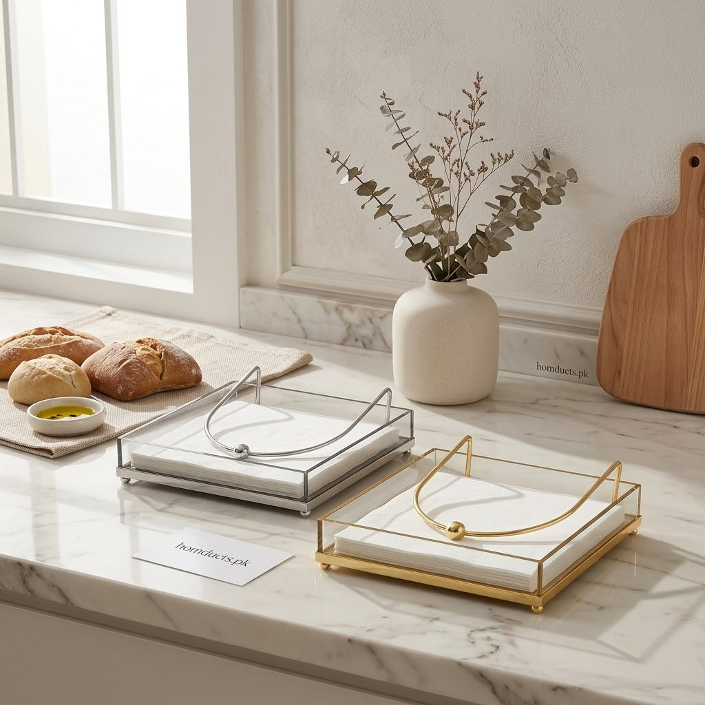 Luxury Metal Napkin Holder with Weighted Arm – Gold & Silver Table Tissue Organizer