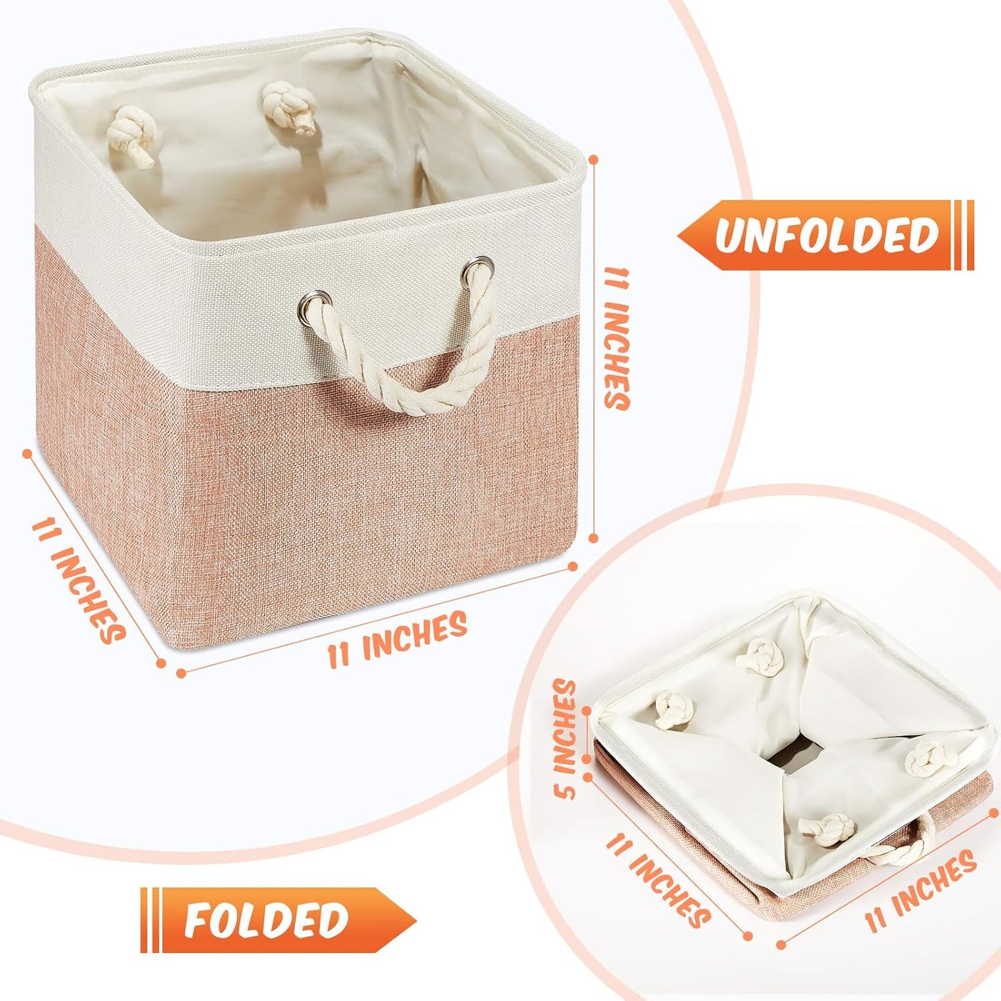 11-Inch Foldable Linen & Cotton Storage Basket with Rope Handles – Multipurpose Fabric Organizer Bin