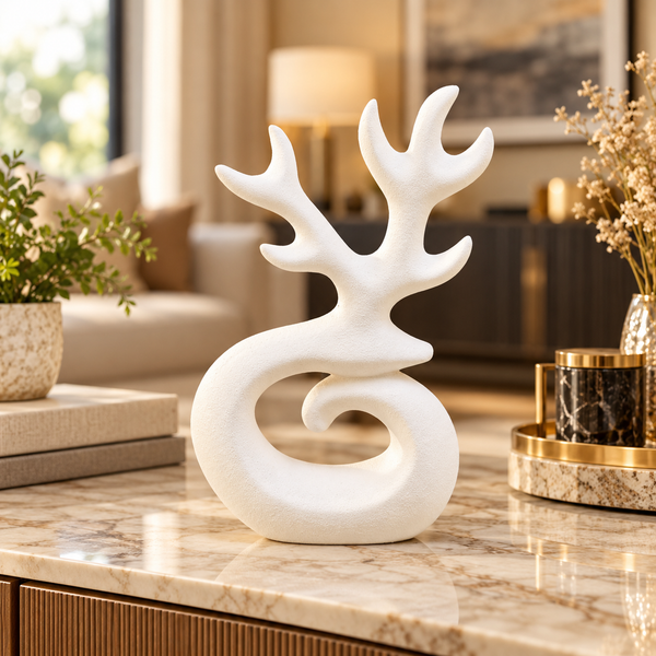 White abstract tree and wave ceramic sculpture on black base