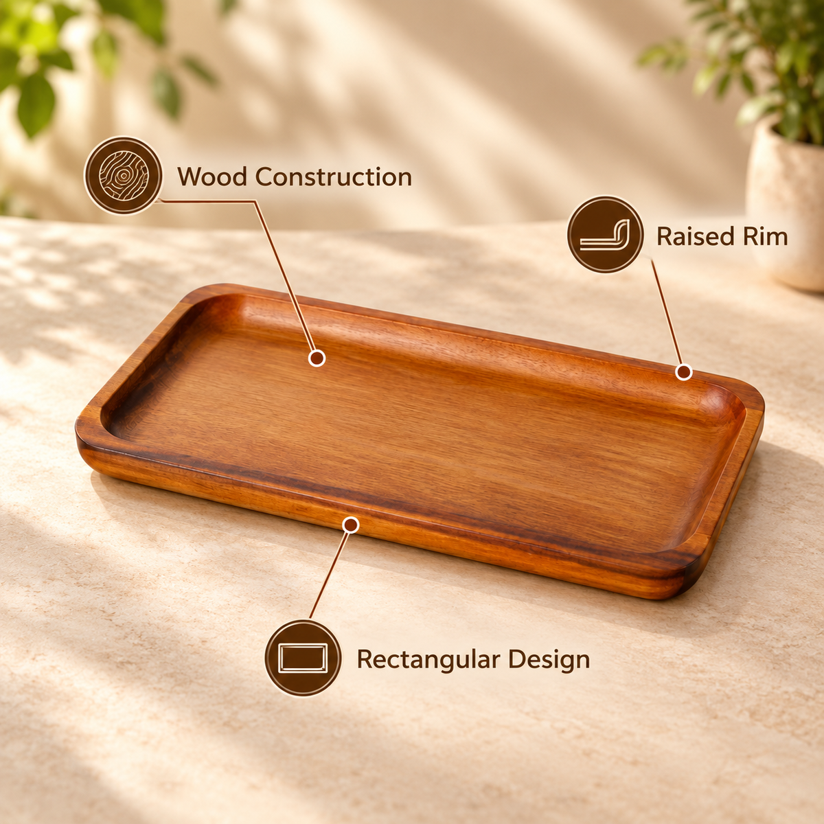 Billi Rectangular Wood Serving Tray – Medium feature infographic