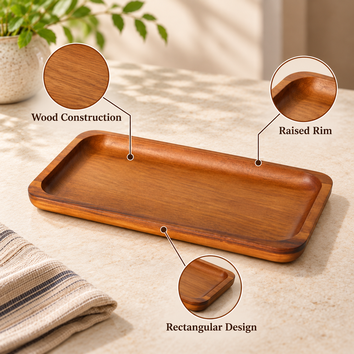 Billi Rectangular Wood Serving Tray – Large feature infographic