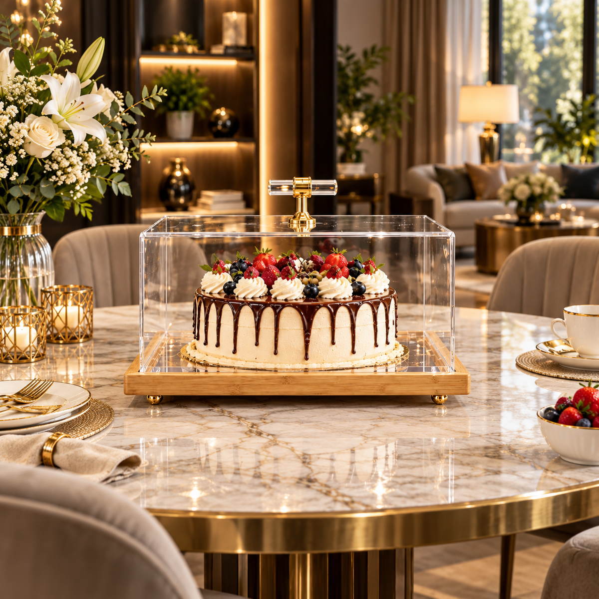 Clear acrylic cake dome with wooden base