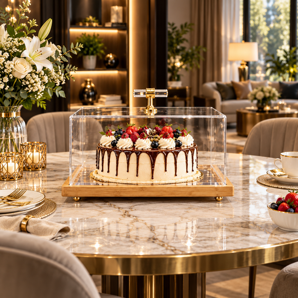 Clear acrylic cake dome with wooden base
