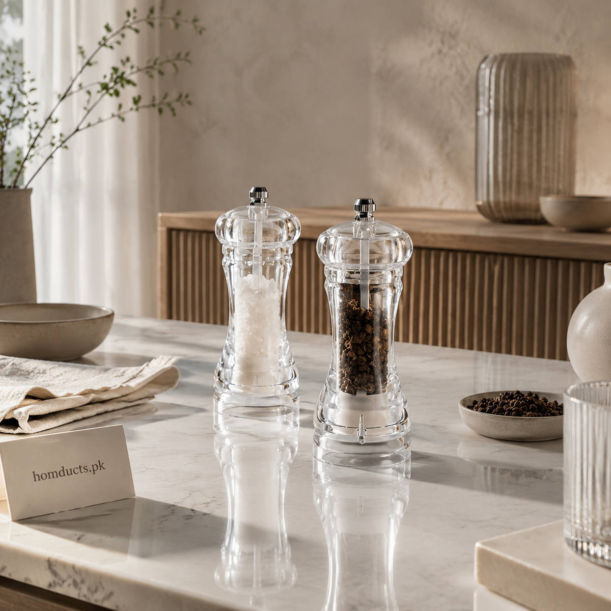 Clear acrylic salt and pepper grinder pair
