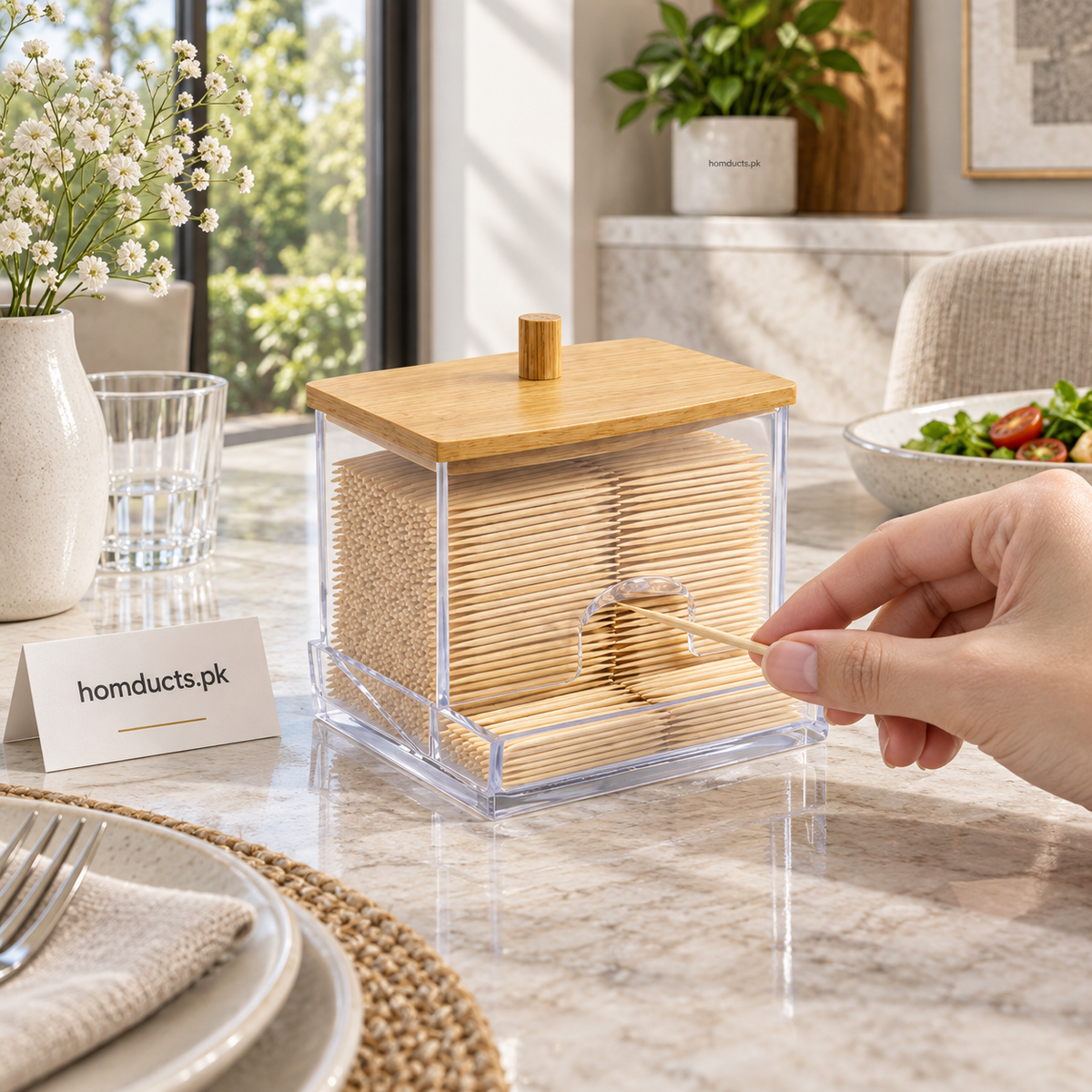 Clear acrylic toothpick holder with bamboo lid