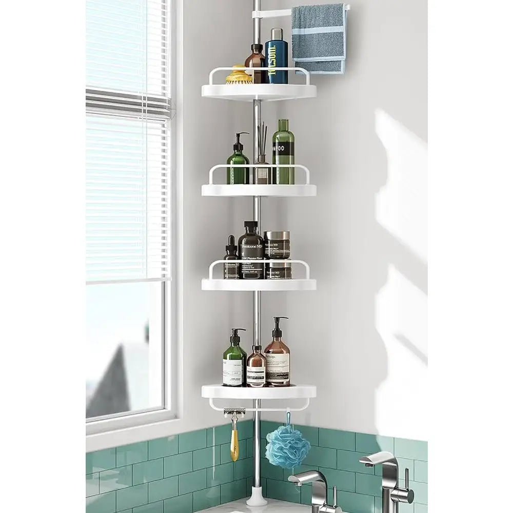 Adjustable Corner Shower Caddy with 4 Tiers – Tension Pole Bathroom Organizer Shelf for Shampoo Soap & Toiletries