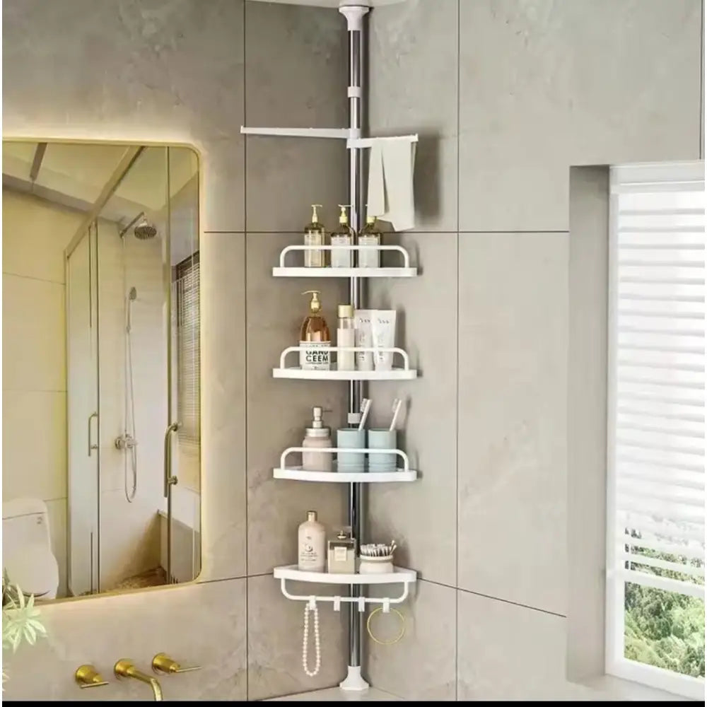Adjustable Corner Shower Caddy with 4 Tiers – Tension Pole Bathroom Organizer Shelf for Shampoo Soap & Toiletries