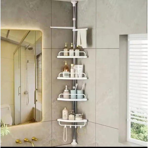 Adjustable Corner Shower Caddy with 4 Tiers – Tension Pole Bathroom Organizer Shelf for Shampoo Soap & Toiletries