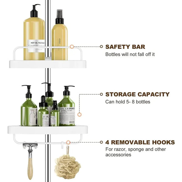 Adjustable Corner Shower Caddy with 4 Tiers – Tension Pole Bathroom Organizer Shelf for Shampoo Soap & Toiletries