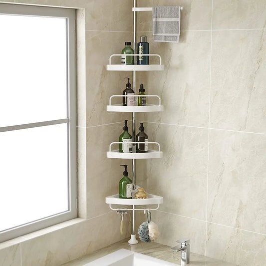 Adjustable Corner Shower Caddy with 4 Tiers – Tension Pole Bathroom Organizer Shelf for Shampoo Soap & Toiletries