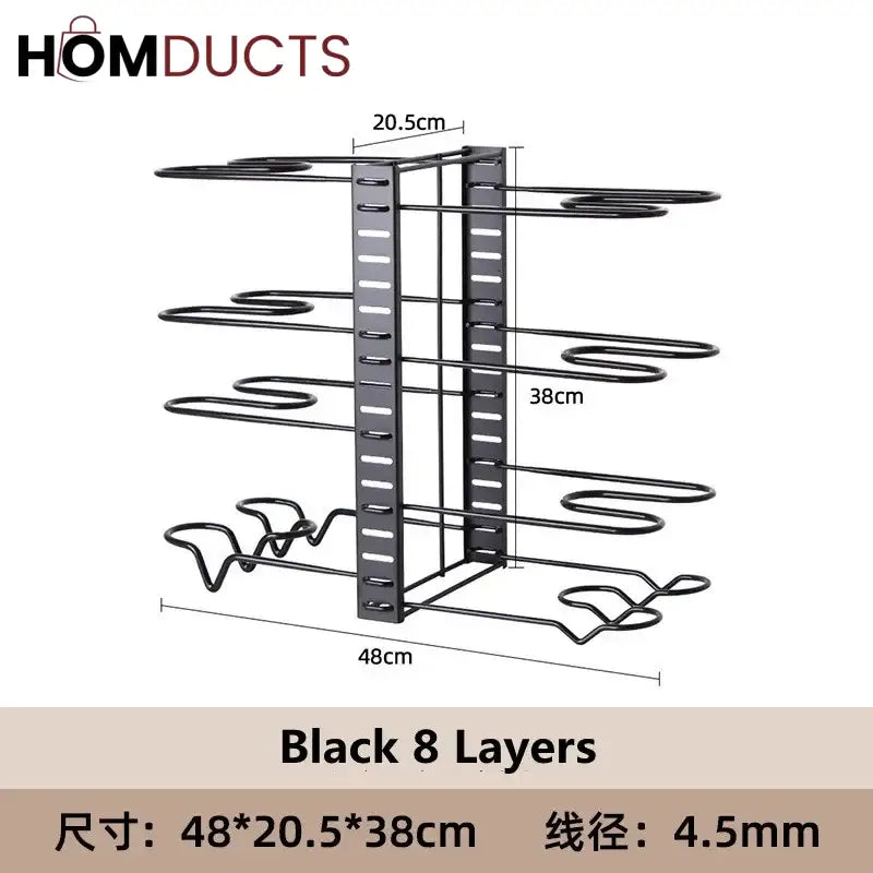 Adjustable Heavy Duty Pot and Pan Organizer Rack – 8 Tier Kitchen Cookware Storage Stand for Lids Skillets & Bakeware