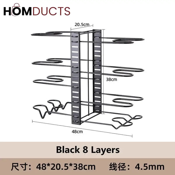 Adjustable Heavy Duty Pot and Pan Organizer Rack – 8 Tier Kitchen Cookware Storage Stand for Lids Skillets & Bakeware