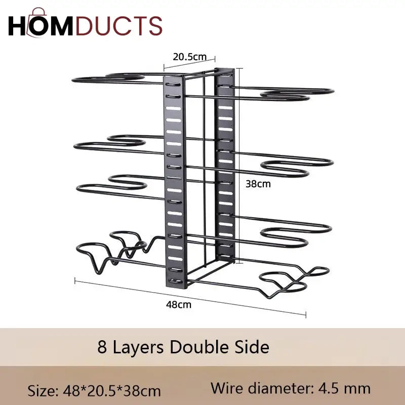 Adjustable Heavy Duty Pot and Pan Organizer Rack – 8 Tier Kitchen Cookware Storage Stand for Lids Skillets & Bakeware