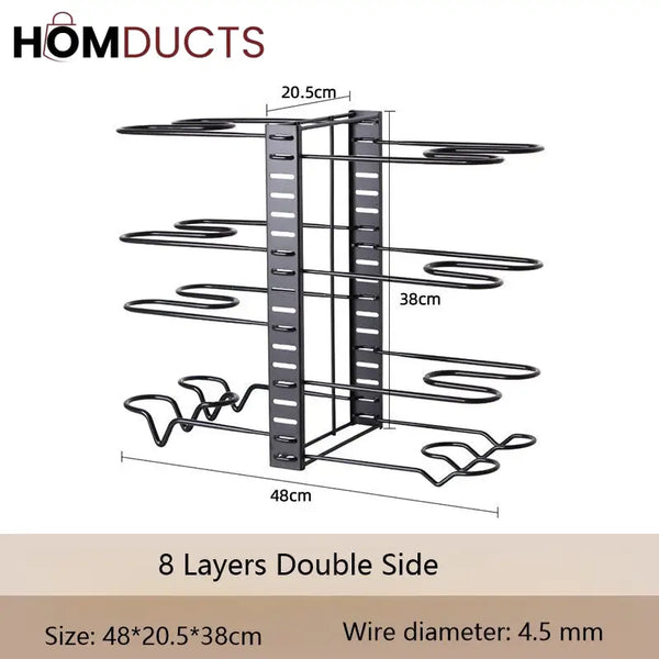 Adjustable Heavy Duty Pot and Pan Organizer Rack – 8 Tier Kitchen Cookware Storage Stand for Lids Skillets & Bakeware