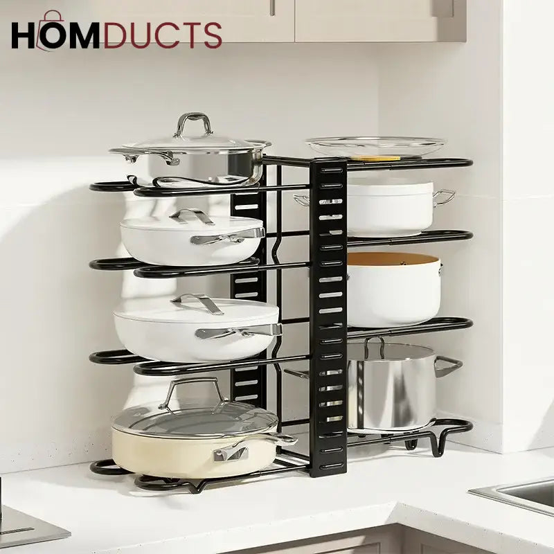 Adjustable Heavy Duty Pot and Pan Organizer Rack – 8 Tier Kitchen Cookware Storage Stand for Lids Skillets & Bakeware