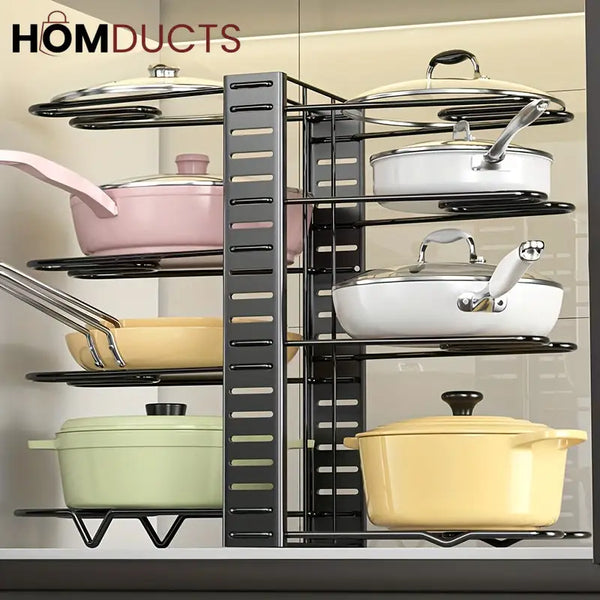 Adjustable Heavy Duty Pot and Pan Organizer Rack – 8 Tier Kitchen Cookware Storage Stand for Lids Skillets & Bakeware