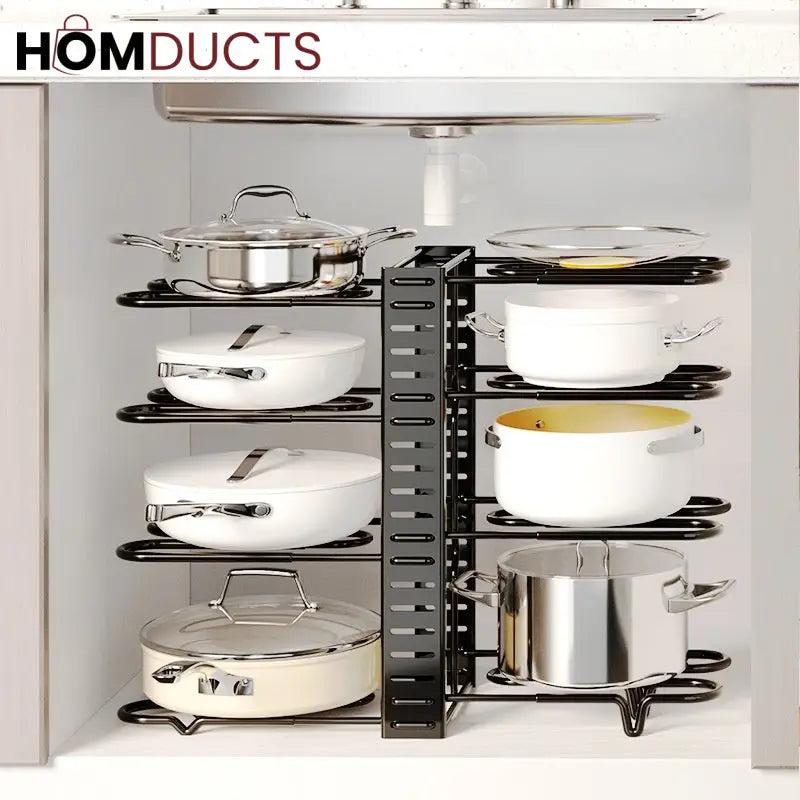 Adjustable Heavy Duty Pot and Pan Organizer Rack – 8 Tier Kitchen Cookware Storage Stand for Lids Skillets & Bakeware
